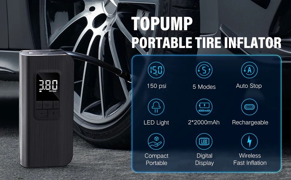Topump TP100 Intelligent Electric Air Pump For Bikes, Cars & Balls