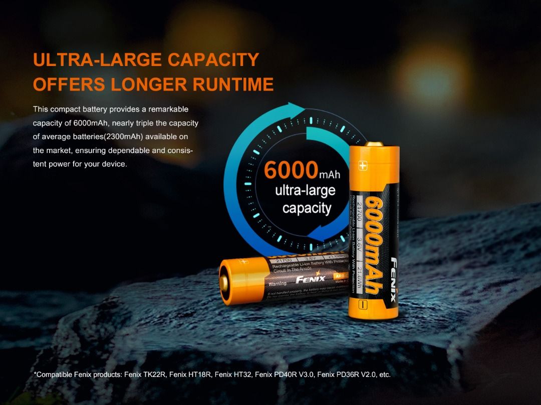 Fenx ARB-L21-6000 21700 Battery For Flashlights, Headlamps, Lanterns & Bike Lights