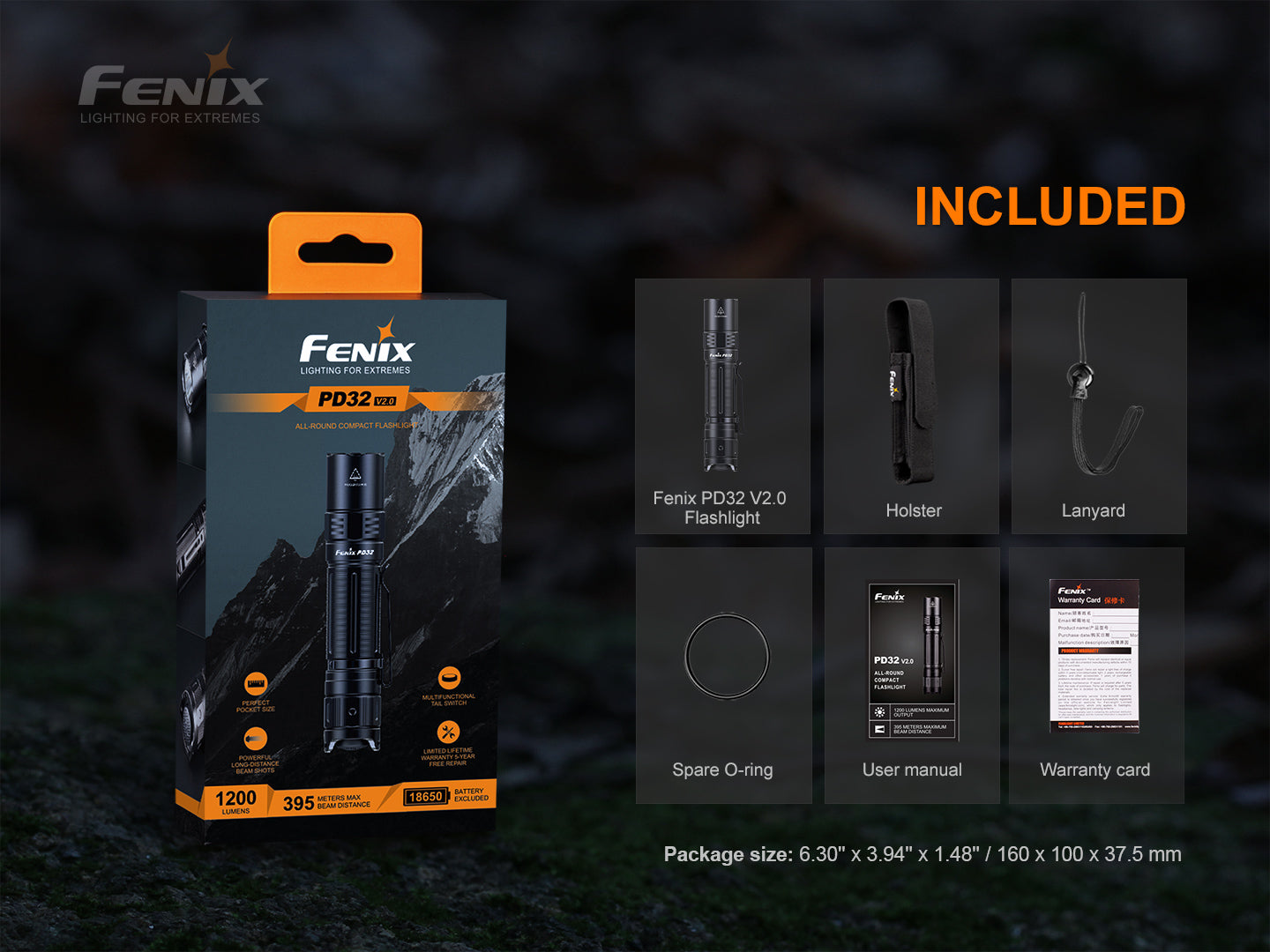 Fenix PD32 V2 Compact Rechargeable Flashlight - 1200 Lumens - 395 Meters