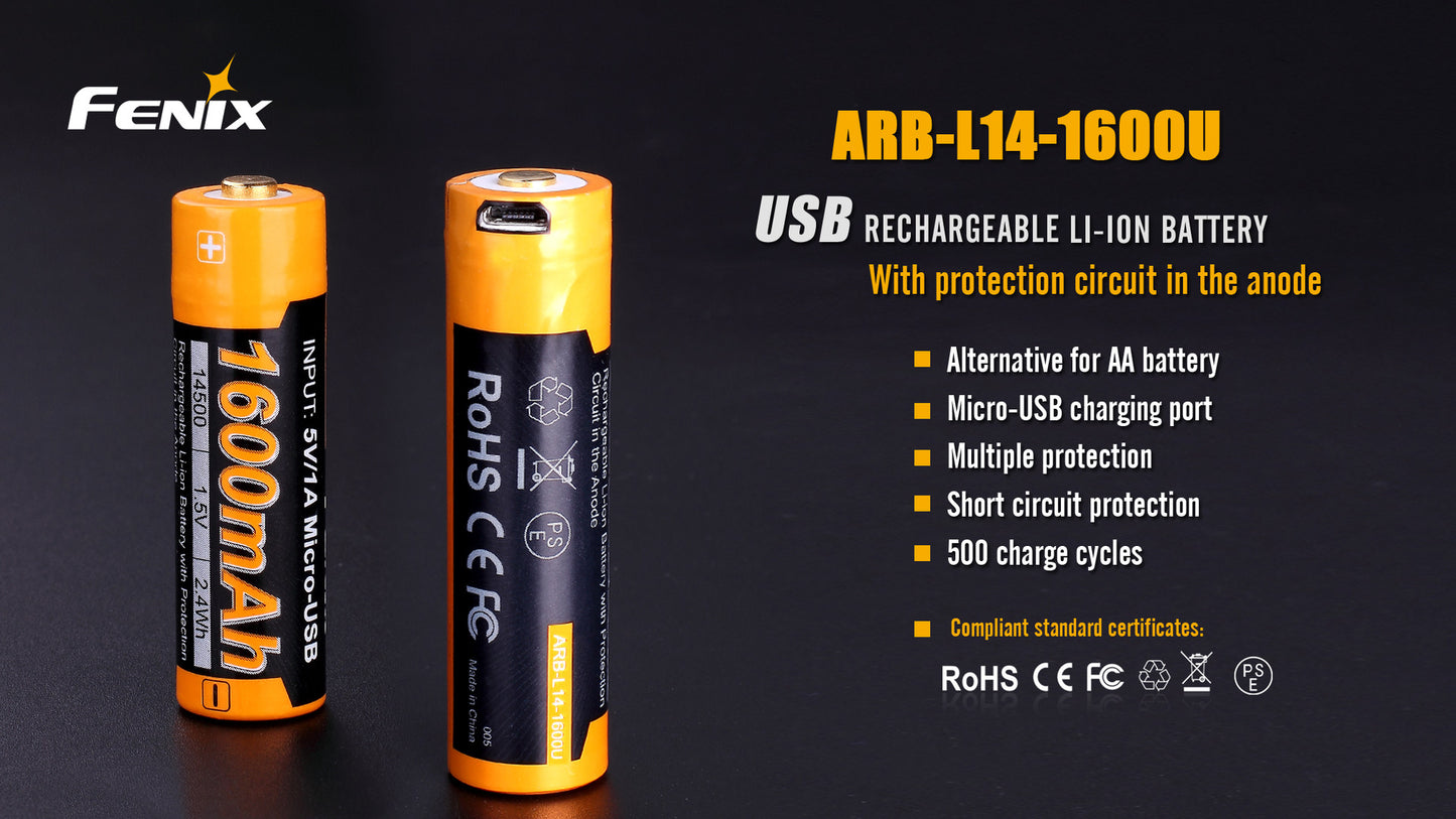 Fenix ARB-L14-1600U -1.5V 14500 / AA Battery with Micro-USB Port