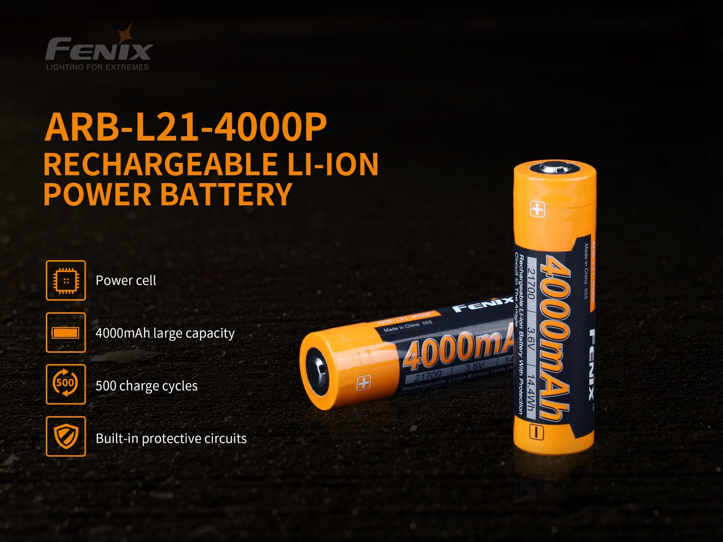 Fenix ARB-L21-4000P 21700 Rechargeable Battery - Protected High-Drain Li-ion Button Top Battery