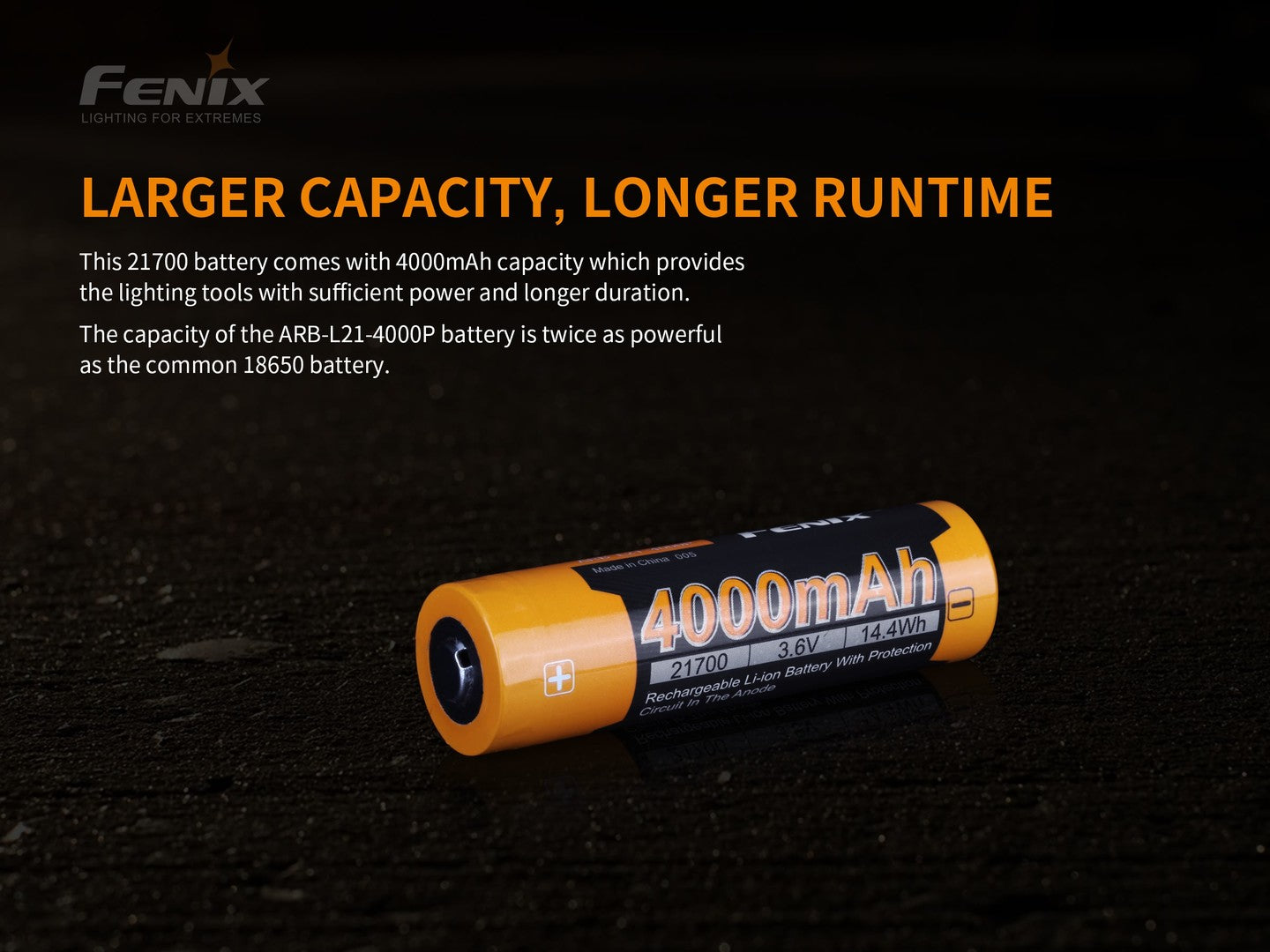 Fenix ARB-L21-4000P 21700 Rechargeable Battery - Protected High-Drain Li-ion Button Top Battery