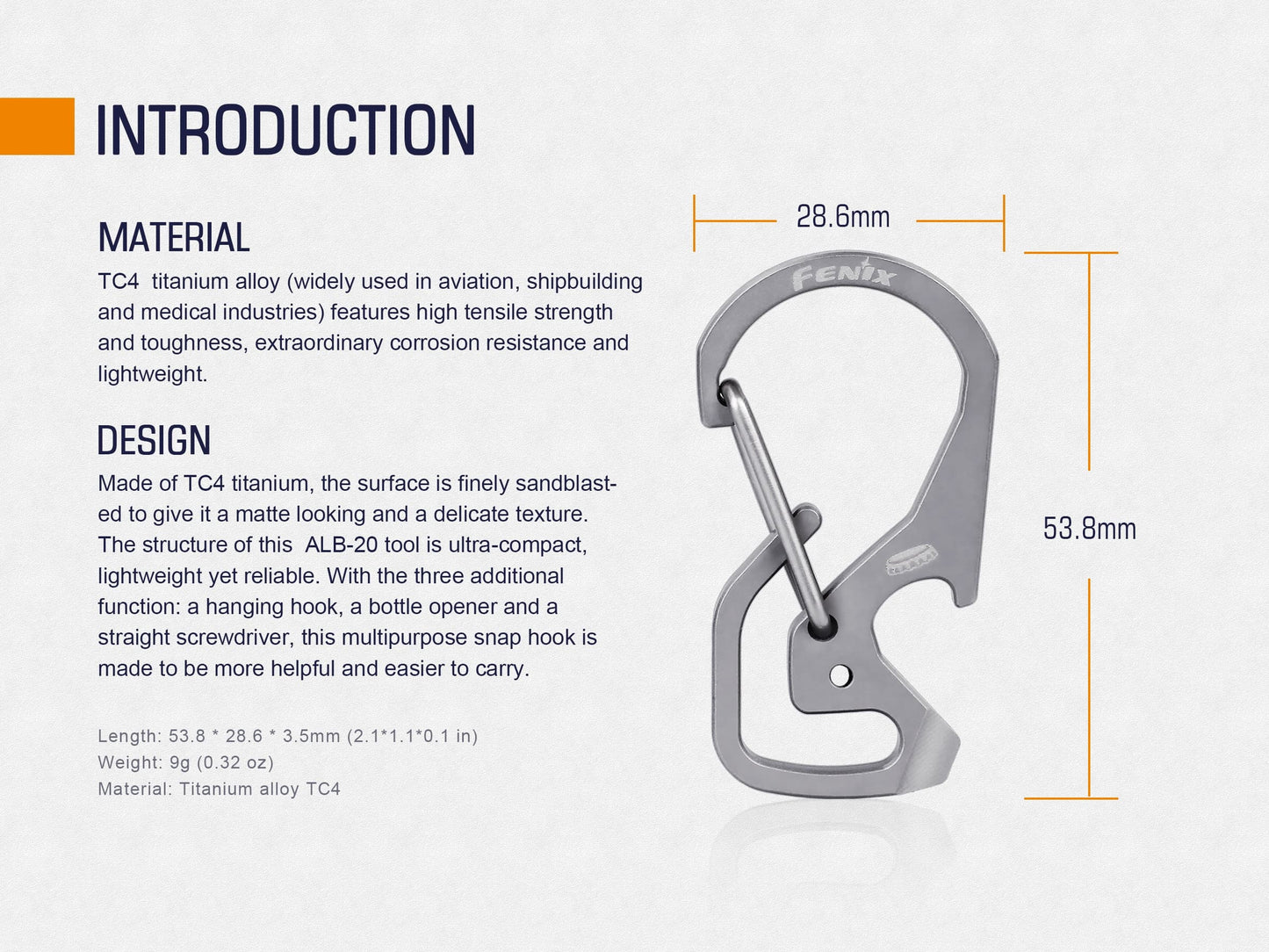 Fenix ALB-20 Titanium Snap Hook / Carabiner - TC4 Titanium Alloy