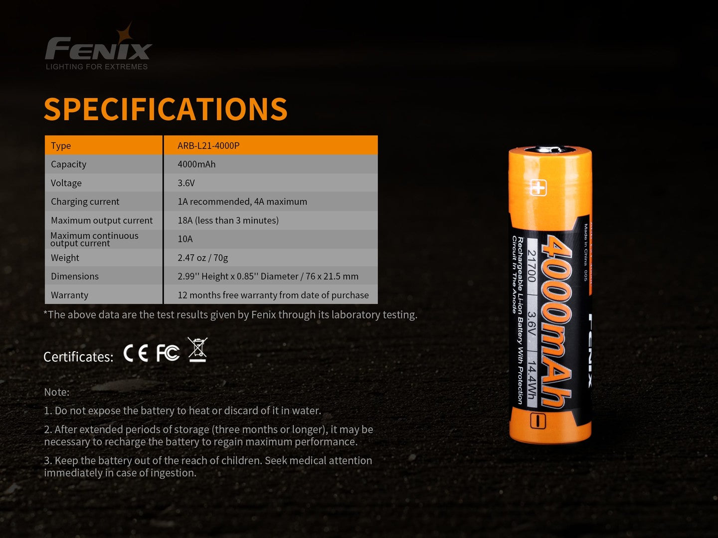 Fenix ARB-L21-4000P 21700 Rechargeable Battery - Protected High-Drain Li-ion Button Top Battery