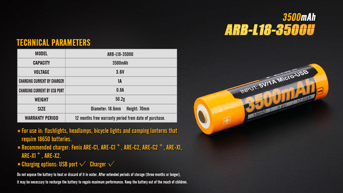 Fenix ARB-L18-3500U 18650 Li-ion Rechargeable Battery with USB Port