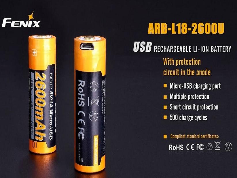 Fenix ARB-L16-2600U 18650 Li-ion Rechargeable Battery With USB Charging Port