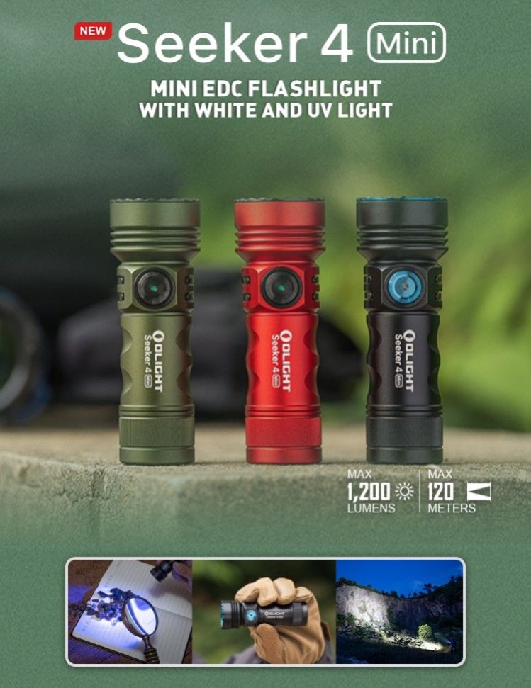 Olight Seeker 4 Mini Dual Light Sources (White + UV) Compact Rechargeable Flashlight
