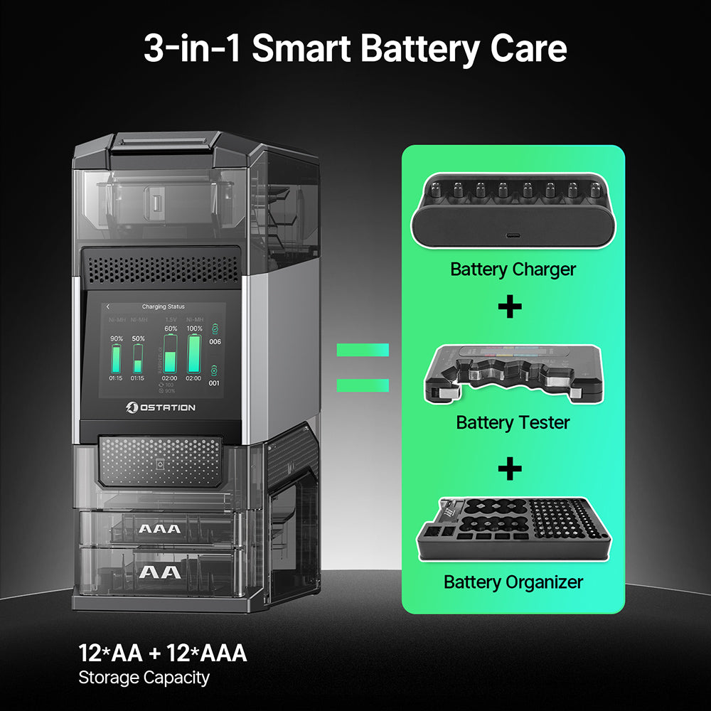 Ostation 2 Pro Series 3-in-1 Smart Battery Hub for AA & AAA Rechargeable Ni-MH & Li-ion Batteries