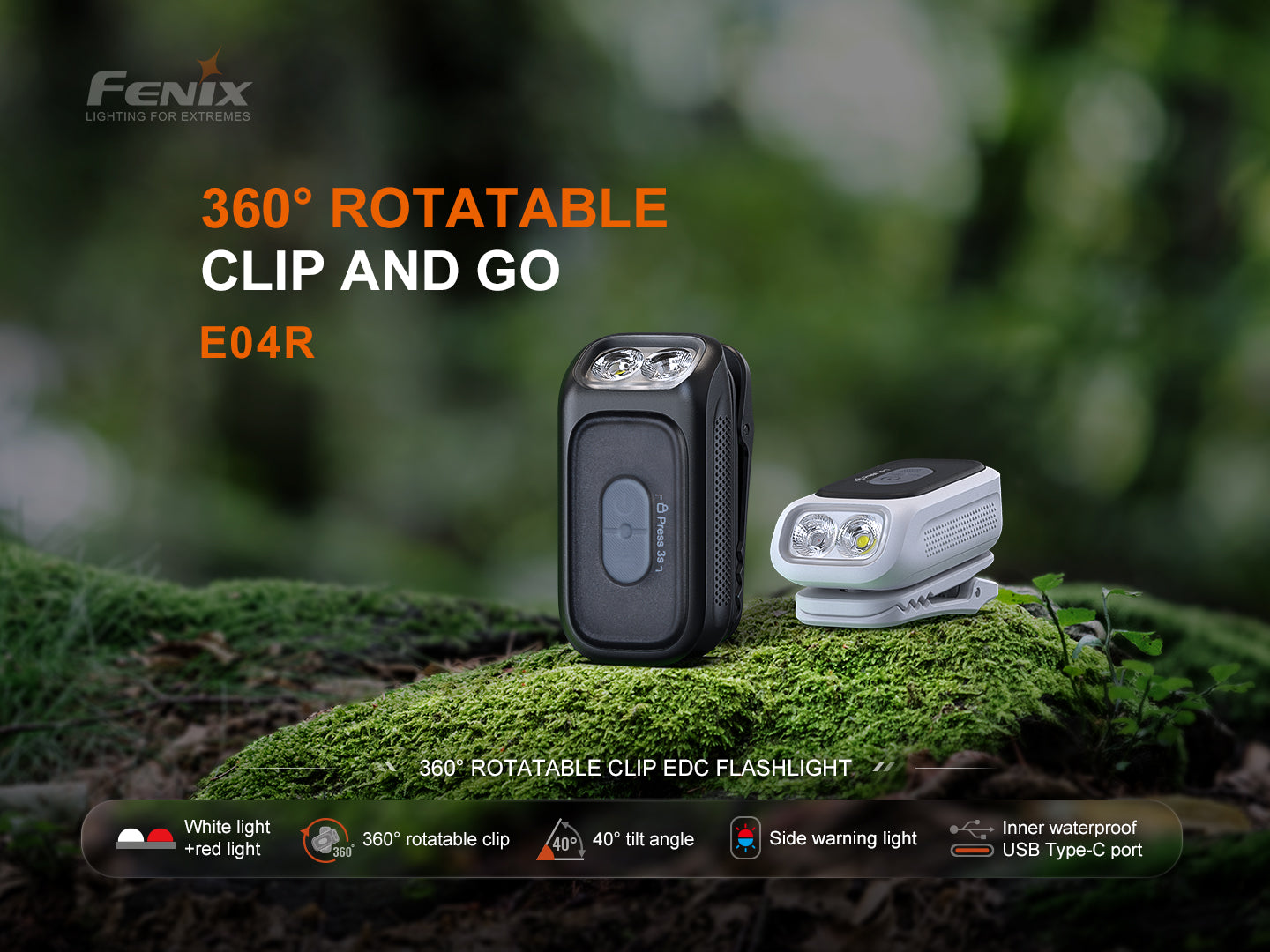 Fenix E04R 360° Rotatable Clip-On EDC Flashlight With Blinker Feature
