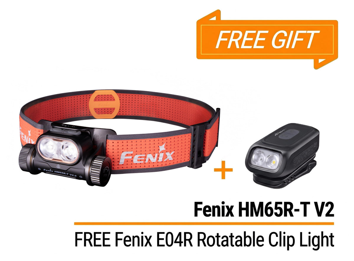 Bundle Deal - Fenix HM65R-T V2 Magnesium Headlamp With Emergency Whistle + E04R Rotatable Clip Light