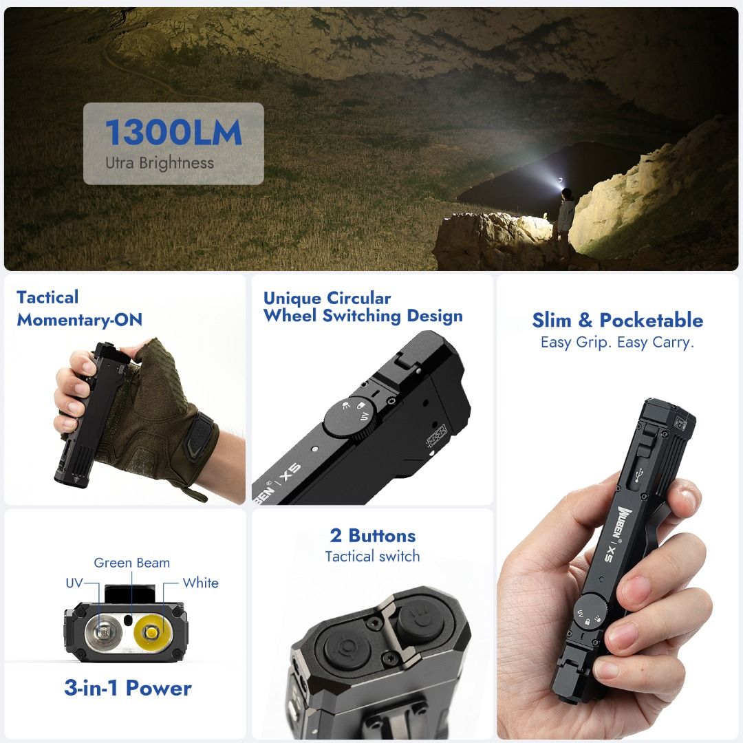 Wuben X5 Triple Light Sources Flat Style EDC Flashlight with Replaceable Battery Pack (AAA compatible)