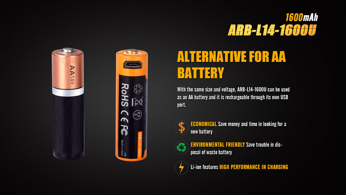 Fenix ARB-L14-1600U -1.5V 14500 / AA Battery with Micro-USB Port