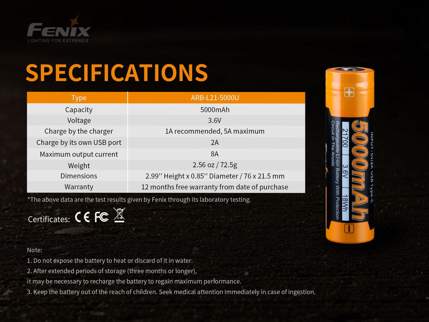 Fenix ARB-L21-5000U - 21700 USB Rechargeable Li-ion Battery with USB Port