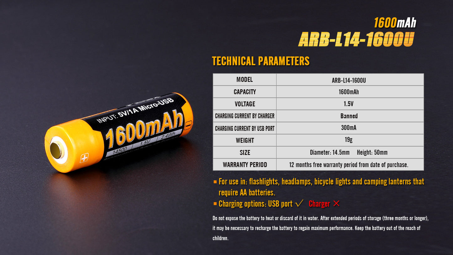 Fenix ARB-L14-1600U -1.5V 14500 / AA Battery with Micro-USB Port